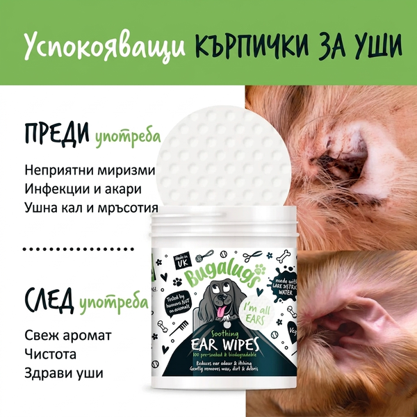 BugaLugs Soothing Ear Wipes for Dogs Biodegradable Wipes Почистващи Кърпички за Уши 100 броя