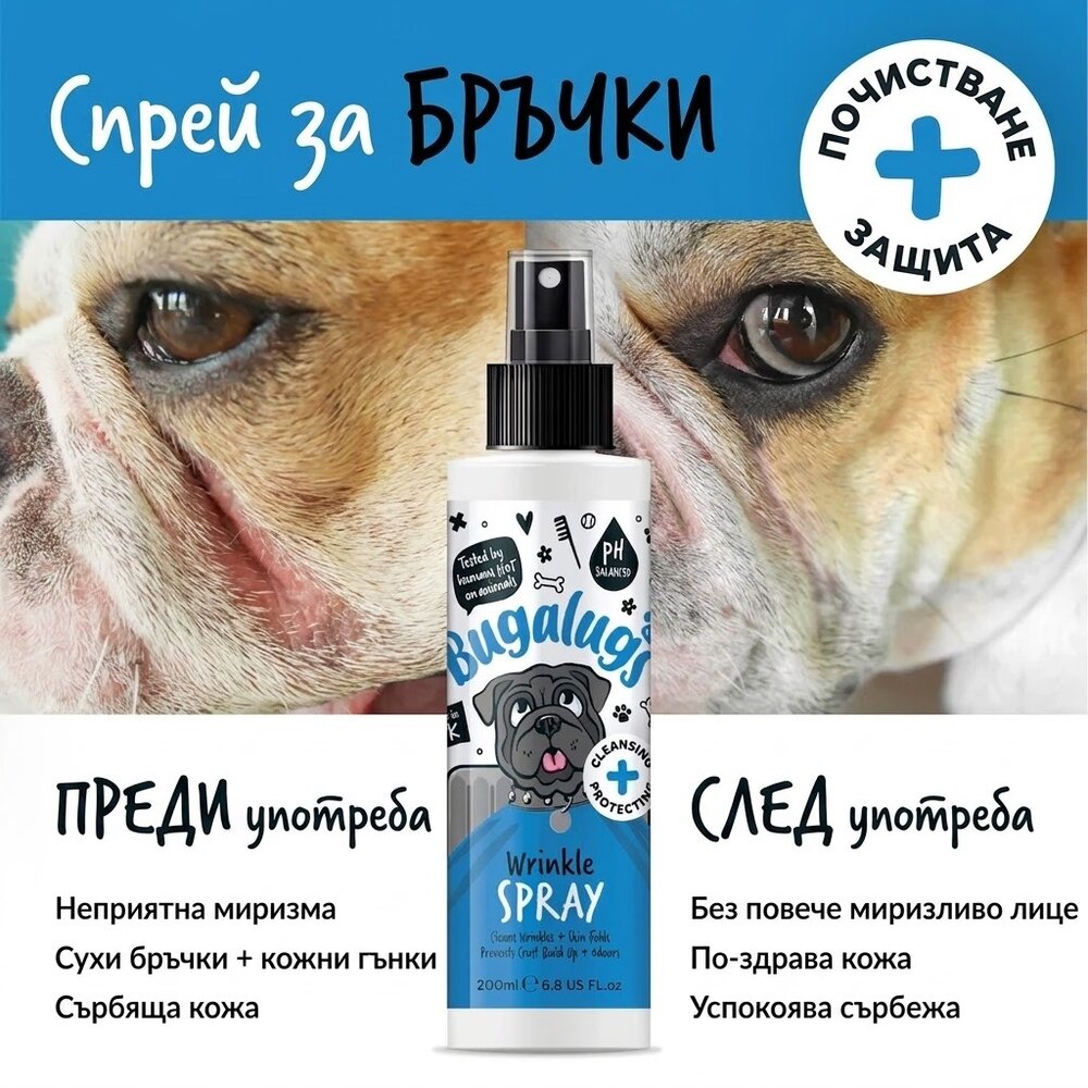 Bugalugs Wrinkle Chlorhexidine Spray for Dogs Почистващ Спрей за Кожни Гънки 200ml