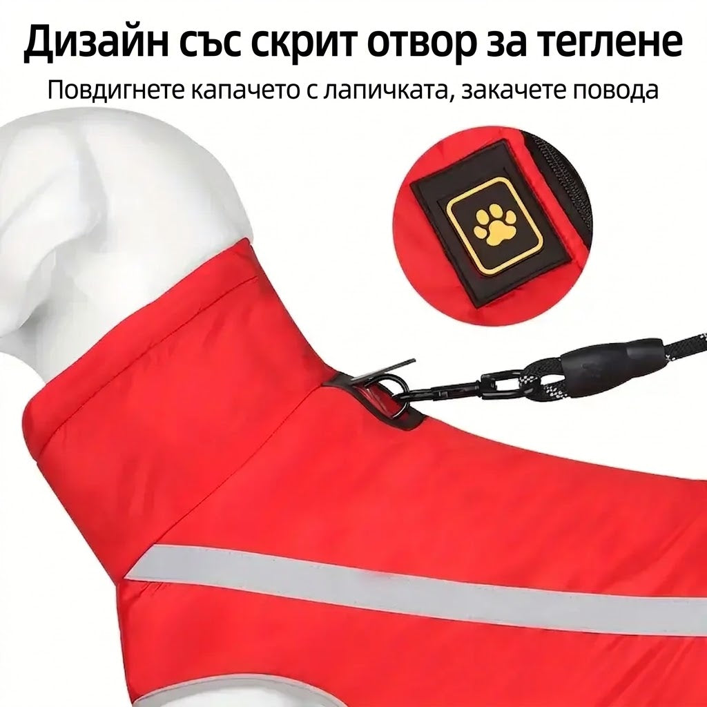Червено зимно яке за куче с полар и светлоотразителни ленти