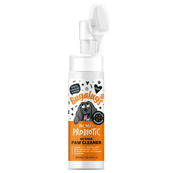 Bugalugs Pre, Post + Probiotic No Rinse Paw Cleaner for Dogs Пробиотична пяна с вградена силиконова четка за почистване на лапи без изплакване за кучета 200 мл