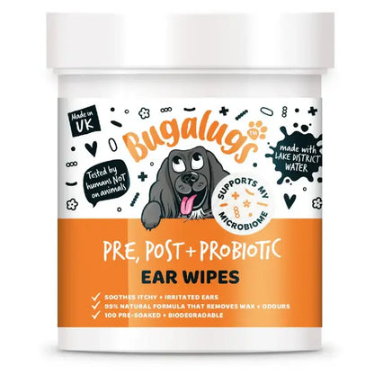 Bugalugs Pre & Post Probiotic Ear Wipes for Dogs - Биоразградими почистващи кърпички за уши с пребиотици и пробиотици за кучета 100 броя