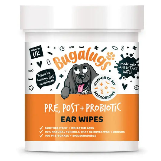 Bugalugs Pre & Post Probiotic Ear Wipes for Dogs - Биоразградими почистващи кърпички за уши с пребио