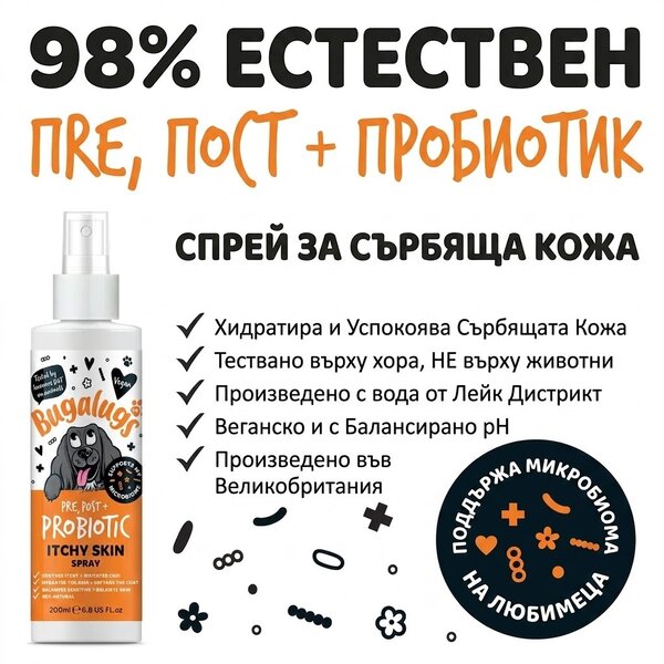 Bugalugs Probiotic Itchy Skin Spray for Dogs - Пробиотичен спрей против сърбеж и кожни раздразнения за кучета 200 мл