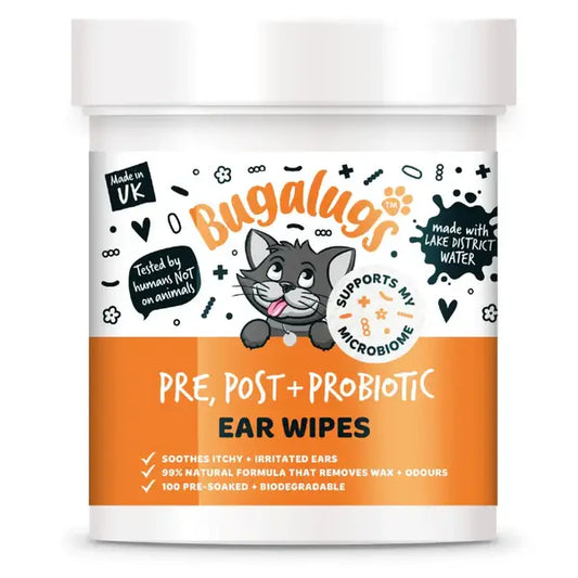 Bugalugs Pre & Post Probiotic Ear Wipes for Cats - Биоразградими почистващи кърпички за уши с пребио