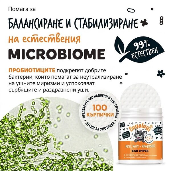 Bugalugs Pre & Post Probiotic Ear Wipes for Cats - Биоразградими почистващи кърпички за уши с пребиотици и пробиотици за котки 100 броя