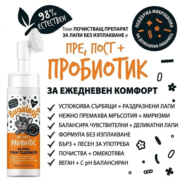 Bugalugs Pre & Post Probiotic No Rinse Paw Cleaner for Cats – Почистваща пяна за лапи без изплакване с пребиотици и постбиотици за котки