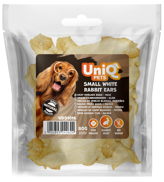 Uniq Pets Dog Snacks Rabbit Ears 80g - малки бели заешки уши за дъвчене