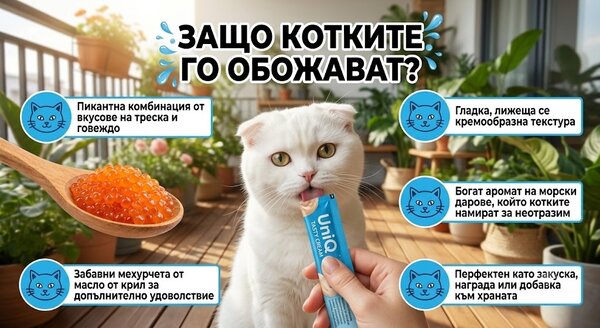 Uniq Pets Cat Bubble Cream Cod & Beef with Krill - кремообразно лакомство за котки с треска, телешко, пилешко, крилово масло, таурин и FOS 15gr