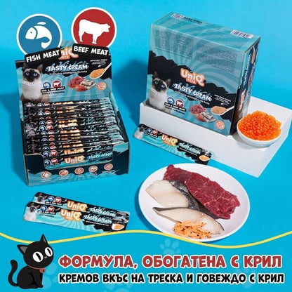 Uniq Pets Cat Cream cod & beef 15g - кремообразно лакомство за котки с треска, телешко и крил