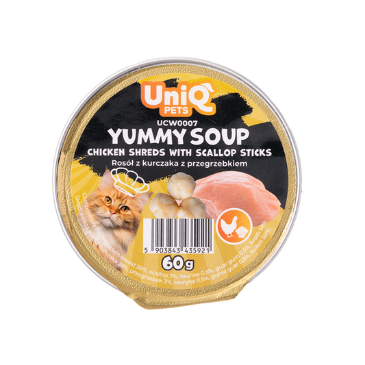 Uniq Pets Cat Soup Chicken Shreds with scallop sticks 60g - пилешка супа с миди