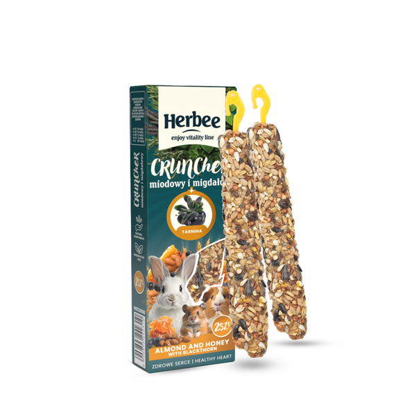 HERBEE RodensRoot Cruncher 2in1 - хрупкаво лакомство за гризачи и зайци с мед и бадем, 115 г