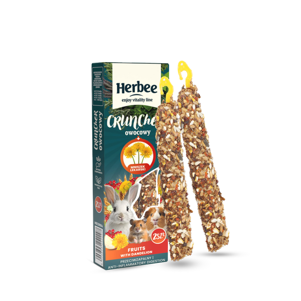 HERBEE RodensRoot Cruncher 2in1 - хрупкаво лакомство за гризачи и зайци с плодове и глухарче, 115 г