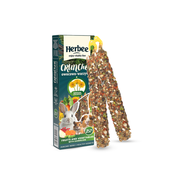 HERBEE RodensRoot Cruncher 2in1 - хрупкаво лакомство за гризачи и зайци с плодове, зеленчуци и глухарче, 115 г