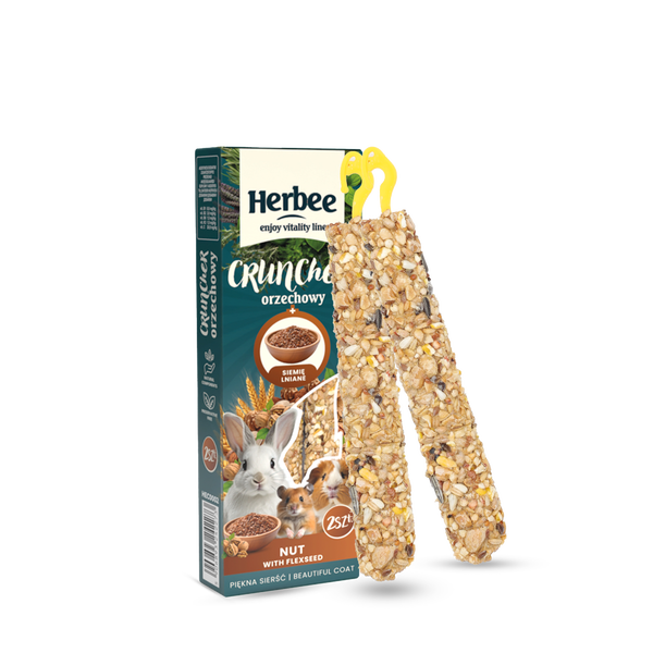 HERBEE RodensRoot Cruncher 2in1 - хрупкаво лакомство за гризачи и зайци с ядки и ленено семе, 115 г
