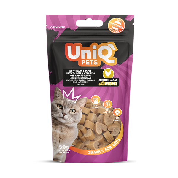 Uniq Pets Cat Snacks Mimi Anti-Hairball Soft Hearts Cat Treats with Chicken, 50 g