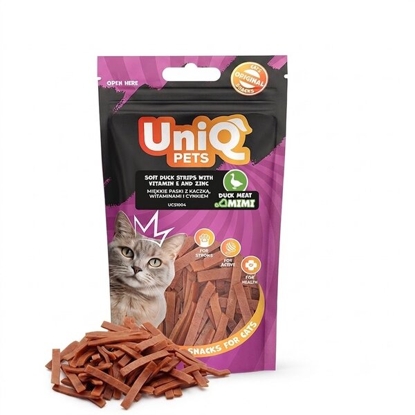 Uniq Pets Cat Snacks Mimi Hair & Skin Care Soft Strips Duck меки лакомства за котки с патешко, 50 г