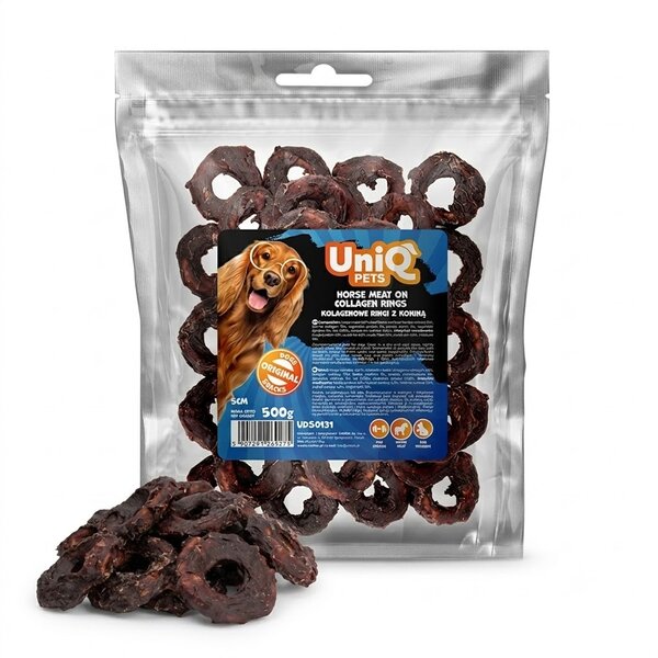 Uniq Pets Dog Snacks Collagen Horse Meat on Collagen Rings лакомства за кучета с конско месо върху колагенови рингове, 500 г