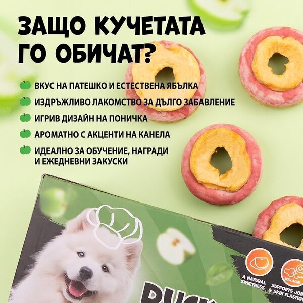 Uniq Pets Dog Snacks Collagen & Fruit Donut Duck & Dried Apple лакомства за кучета с патица и сушена ябълка