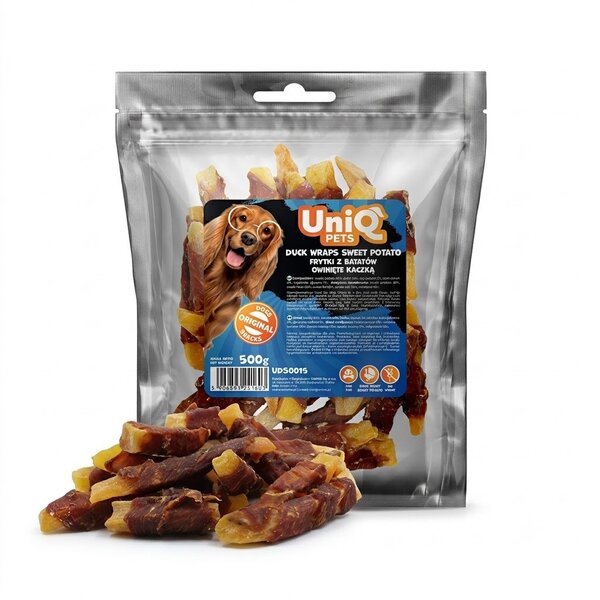 Uniq Pets Dog Snacks Duo Duck Wraps Sweet Potato лакомства за кучета с патешко и сладък картоф, 500 г