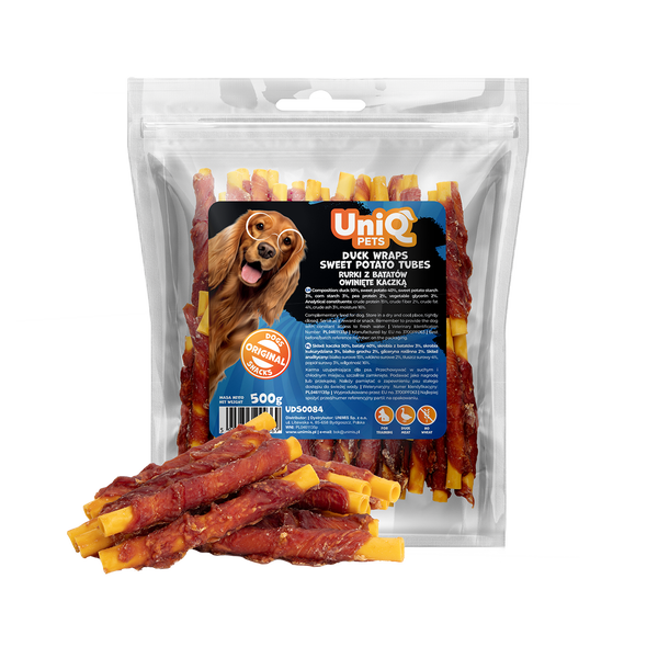 Uniq Pets Dog Snacks Duo Duck Wraps Sweet Potato Tubes лакомства за кучета с патешко и сладък картоф, 500 г