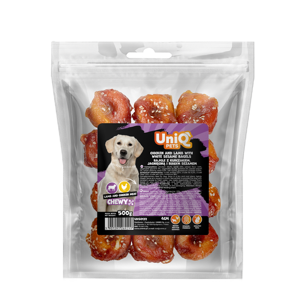Uniq Pets Dog Snacks Handcraft Chicken & Lamb with White Sesame Bagels лакомства за кучета с пилешко и агнешко, 500 г