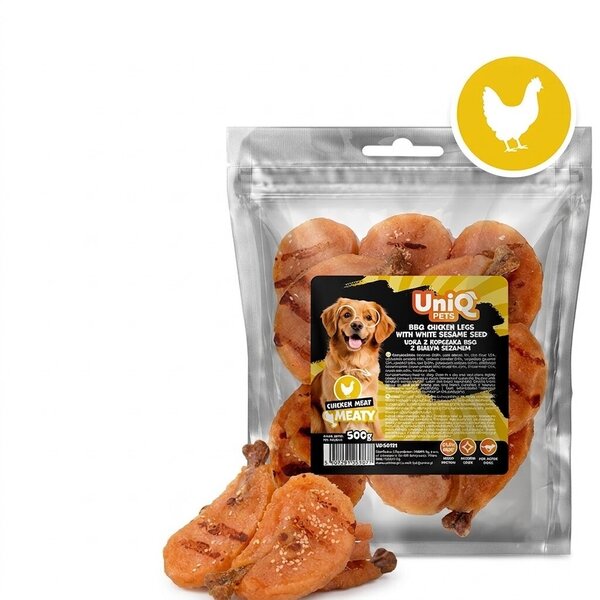 Uniq Pets Dog Snacks Meaty BBQ Chicken Legs лакомства за кучета с пилешко и бял сусам, 500 г