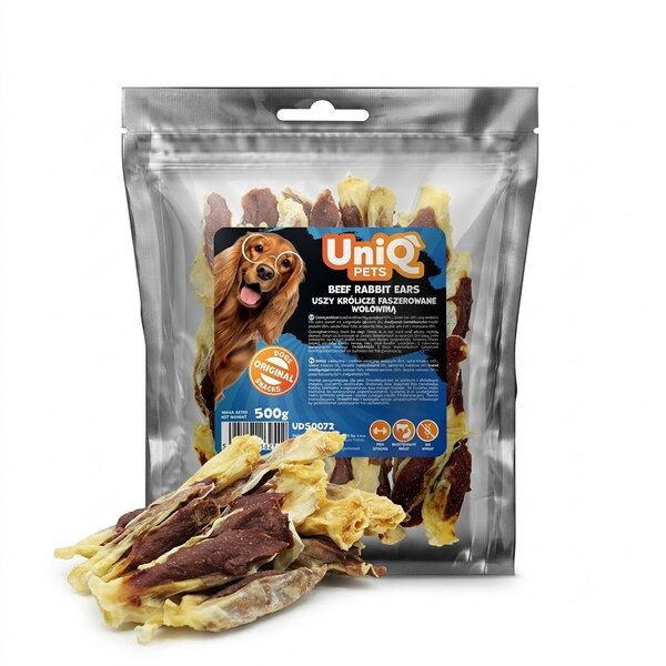 Uniq Pets Dog Snacks Meaty Beef Rabbit Ears дъвчащи лакомства за кучета заешко ухо с говеждо, 500 г