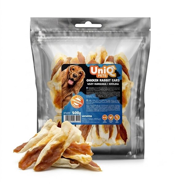 Uniq Pets Dog Snacks Meaty Chicken Rabbit Ears дъвчащи лакомства за кучета заешко ухо с пилешко, 500 г