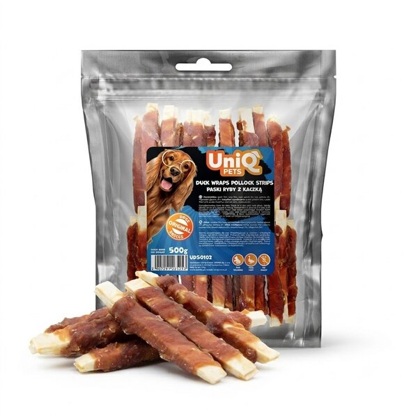 Uniq Pets Dog Snacks Meaty Duck Wraps Pollock Strips лакомства за кучета с патица и сайда, 500 г