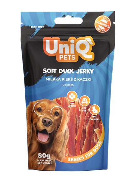 Uniq Pets Meaty Soft Duck Jerky меки патешки ленти за кучета, 80 г