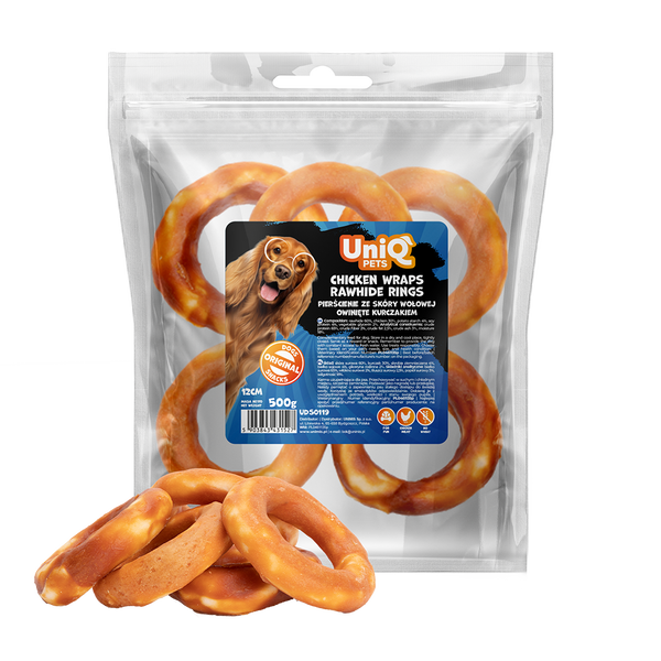 Uniq Pets Dog Snacks Rawhide Chicken Wraps Rings дъвчащи рингове за кучета, 12 см, 500 г