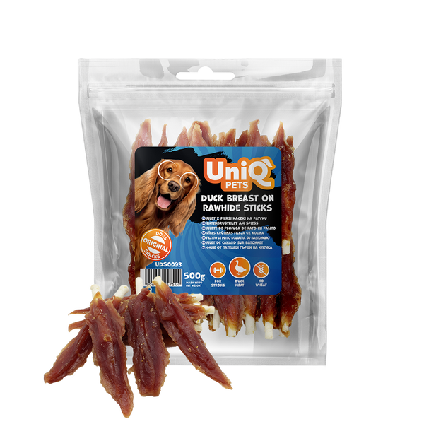 Uniq Pets Dog Snacks Rawhide Duck Breast on Rawhide Sticks дъвчащи стикове за кучета с патица, 500 г
