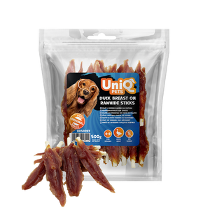 Uniq Pets Dog Snacks Rawhide Duck Breast on Rawhide Sticks дъвчащи стикове за кучета с патица, 500 г