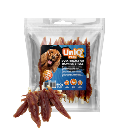 Uniq Pets Dog Snacks Rawhide Duck Breast on Rawhide Sticks дъвчащи стикове за кучета с патица, 500 г