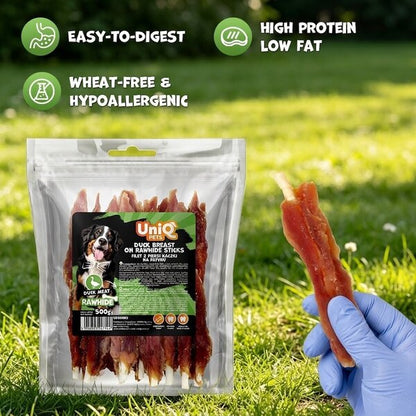 Uniq Pets Dog Snacks Rawhide Duck Breast on Rawhide Sticks дъвчащи стикове за кучета с патица, 500 г