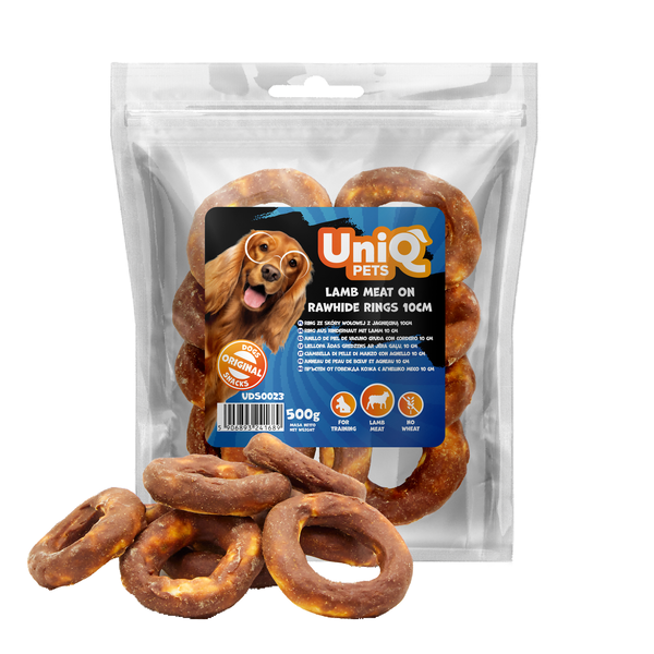 Uniq Pets Rawhide Lamb Meat Chew Rings for Dogs, 500 g
