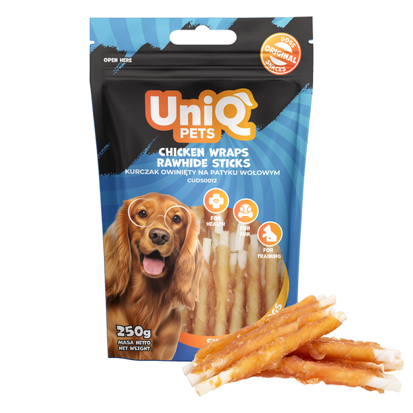 Uniq Pets Dog Snacks Woofers Chicken Wraps Rawhide Sticks дъвчащи стикове за кучета с пилешко, 250 г