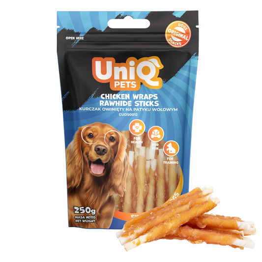 Uniq Pets Dog Snacks Woofers Chicken Wraps Rawhide Sticks дъвчащи стикове за кучета с пилешко, 250 г