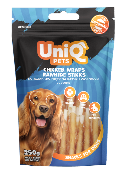 Uniq Pets Dog Snacks Woofers Chicken Wraps Rawhide Sticks дъвчащи стикове за кучета с пилешко, 250 г