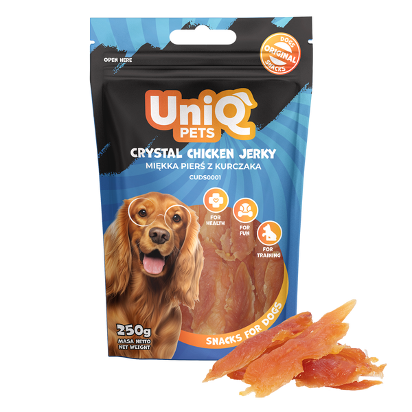 Uniq Pets Dog Snacks Woofers Crystal Chicken Jerky лакомства за кучета с пилешко, 250 г