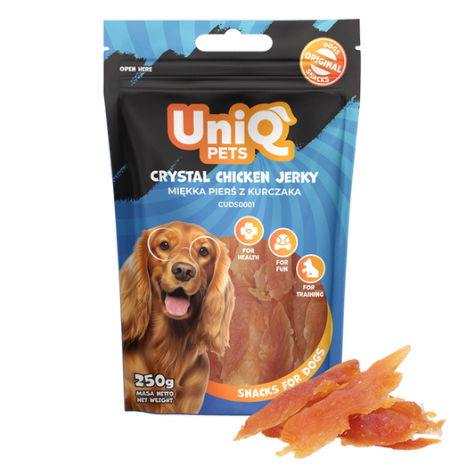 Uniq Pets Dog Snacks Woofers Crystal Chicken Jerky лакомства за кучета с пилешко, 250 г