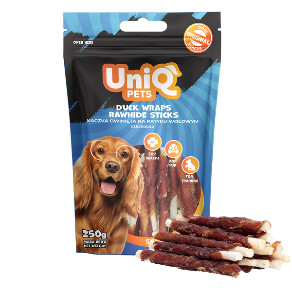 Uniq Pets Dog Snacks Woofers Duck Wraps Rawhide Sticks дъвчащи стикове за кучета с патица, 250 г