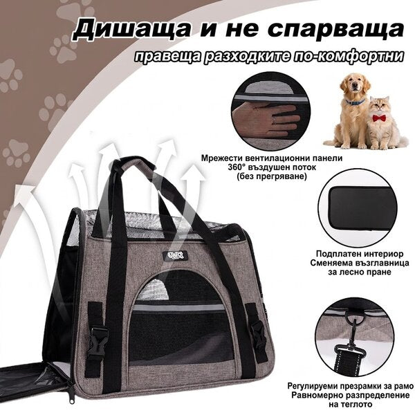 Uniq Pets Pet Transporter Bag FurTote PawVoyager транспортна чанта за котки и малки кучета, светлоотразително сива, 43 x 25 x 33 cm