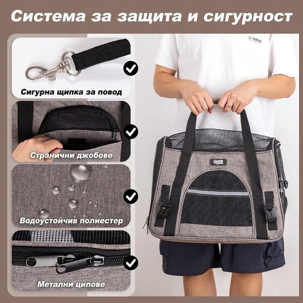 Uniq Pets Pet Transporter Bag FurTote PawVoyager транспортна чанта за котки и малки кучета, светлоотразително сива, 43 x 25 x 33 cm