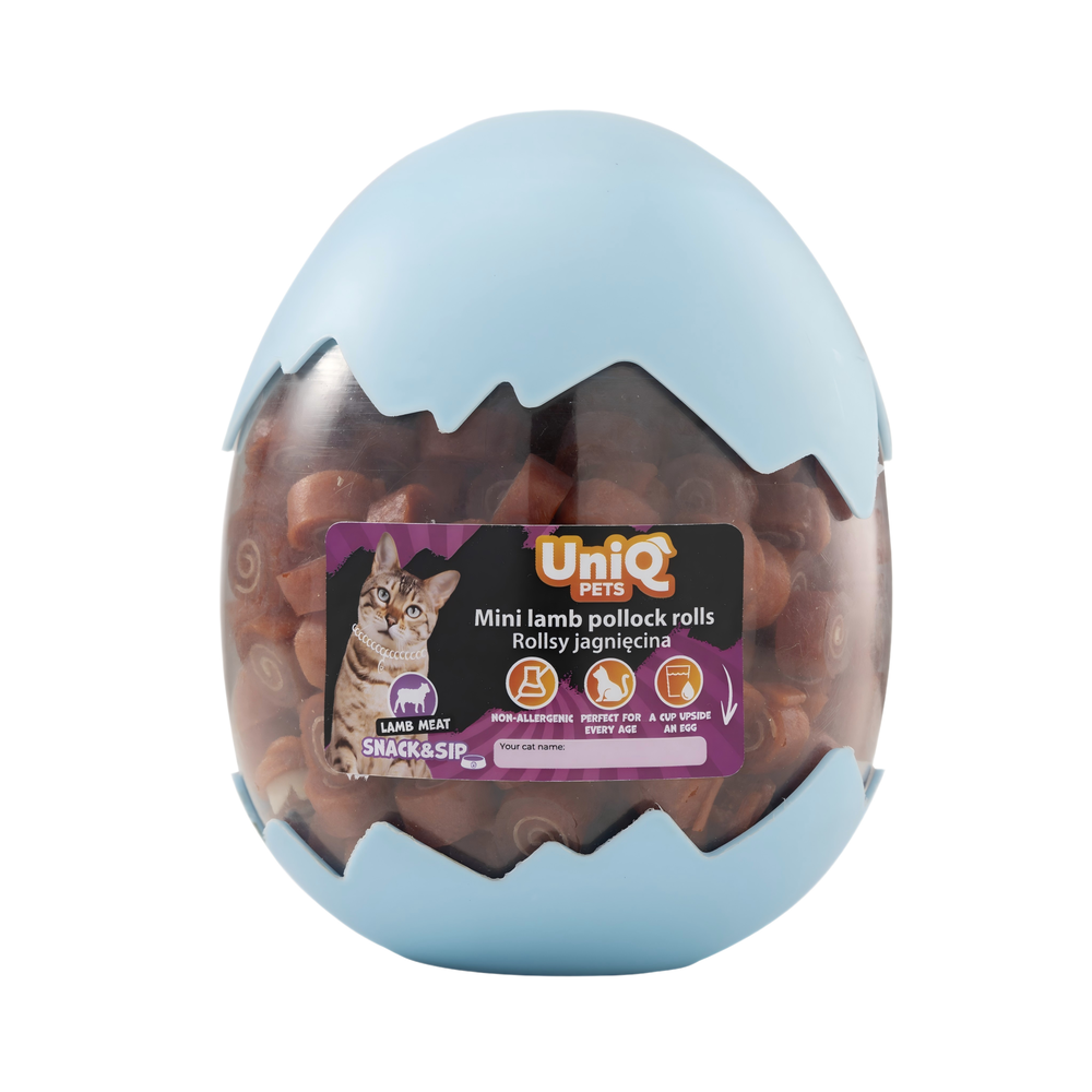 Uniq Pets Cat Snack&Sip Sniffy Mini Lamb Pollock Rolls – лакомства за котки с агнешко и риба, 400 г