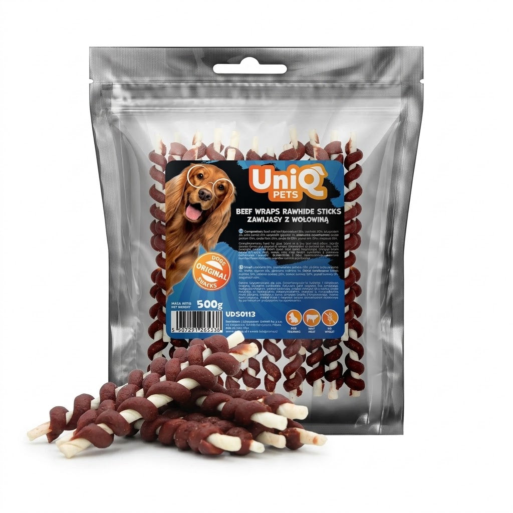 Uniq Pets Dog Snacks Rawhide Beef Wraps Rawhide Sticks – дъвчащи лакомства за кучета с говеждо и говежда кожа, 500 г