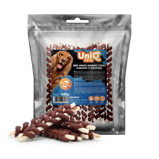 Uniq Pets Dog Snacks Rawhide Beef Wraps Rawhide Sticks – дъвчащи лакомства за кучета с говеждо и говежда кожа, 500 г