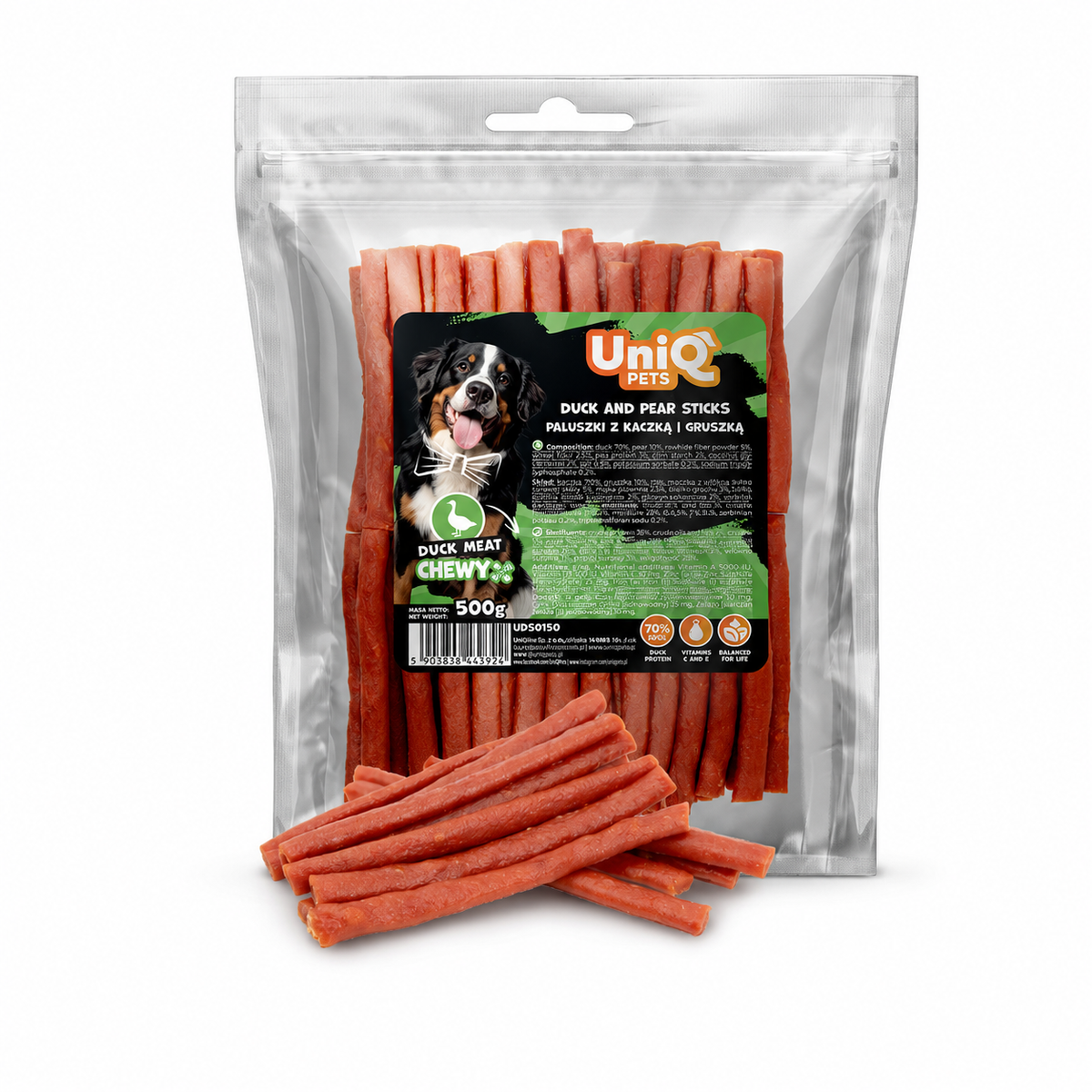 Uniq Pets Duo Duck & Pear Sticks – лакомства за кучета с патешко и круша, 500 г