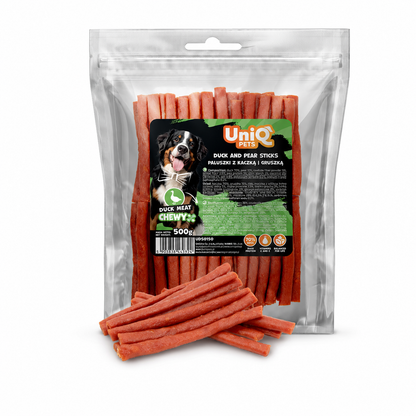 Uniq Pets Duo Duck & Pear Sticks – лакомства за кучета с патешко и круша, 500 г
