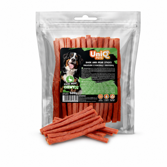 Uniq Pets Duo Duck & Pear Sticks – лакомства за кучета с патешко и круша, 500 г